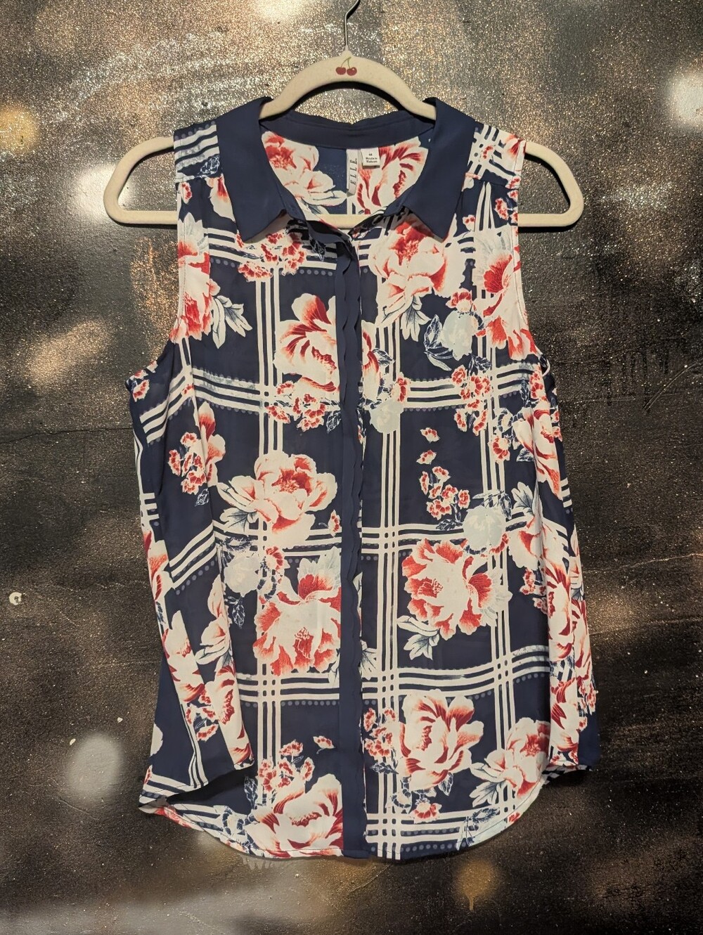 Elle Navy Floral Plaid Sleeveless Collared Camisole